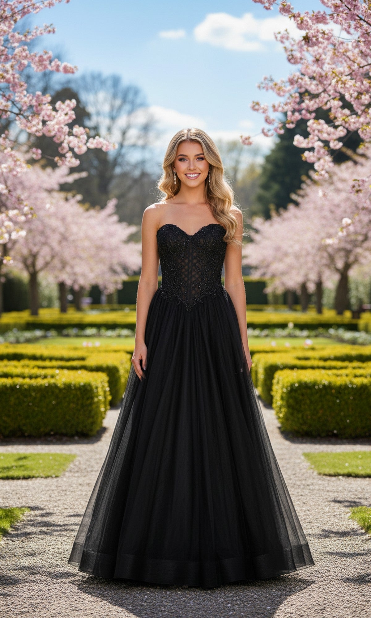 Wearing the Long Prom Dress: La Femme 33410, a woman in a strapless ball gown with a tulle A-line skirt stands on a garden path amidst blooming pink cherry blossoms and manicured hedges under a clear sky.
